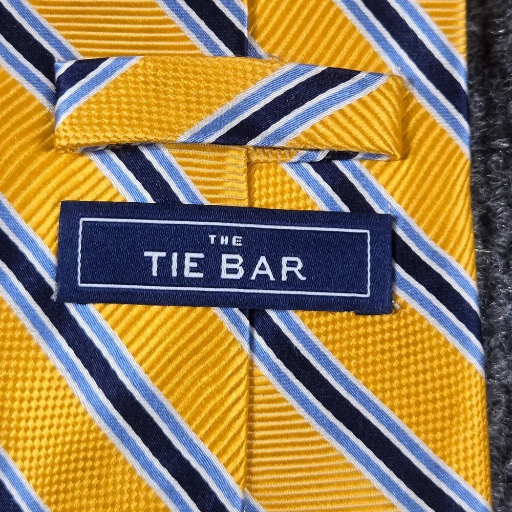 The Tie Bar Necktie Mens Yellow Navy Blue Striped 100% Silk Stain Resistant